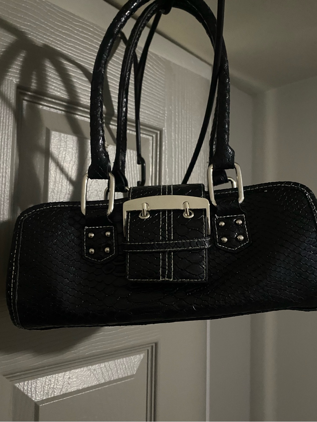 Black Crocodile Leather Shoulder Bag With Silver Buckle